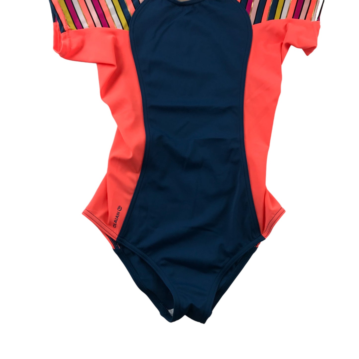 Decathlon Olaian Swimsuit Age 10 Navy Orange and Multicolour Stripy One Piece Cossie