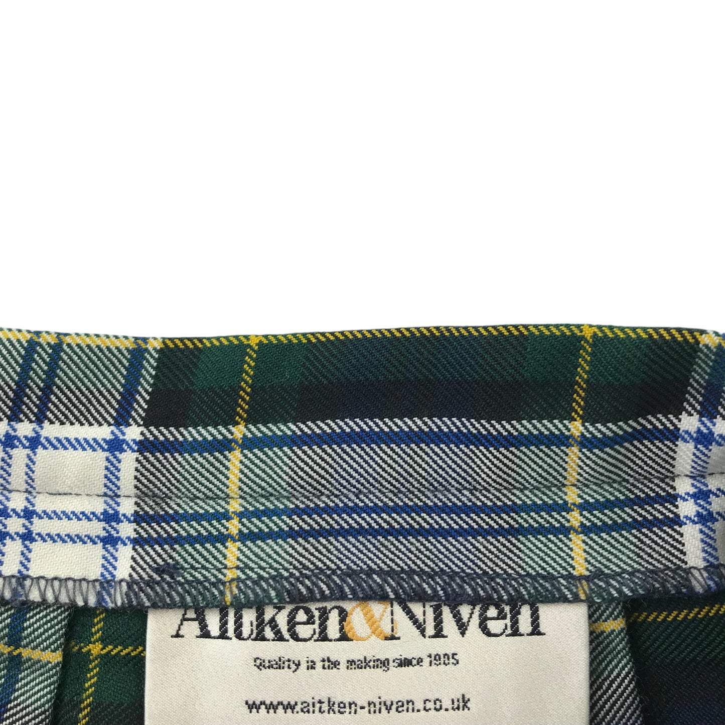 Aitken & Niven kilt Waist 26in length 18in 10-12 years green tartan light fabric