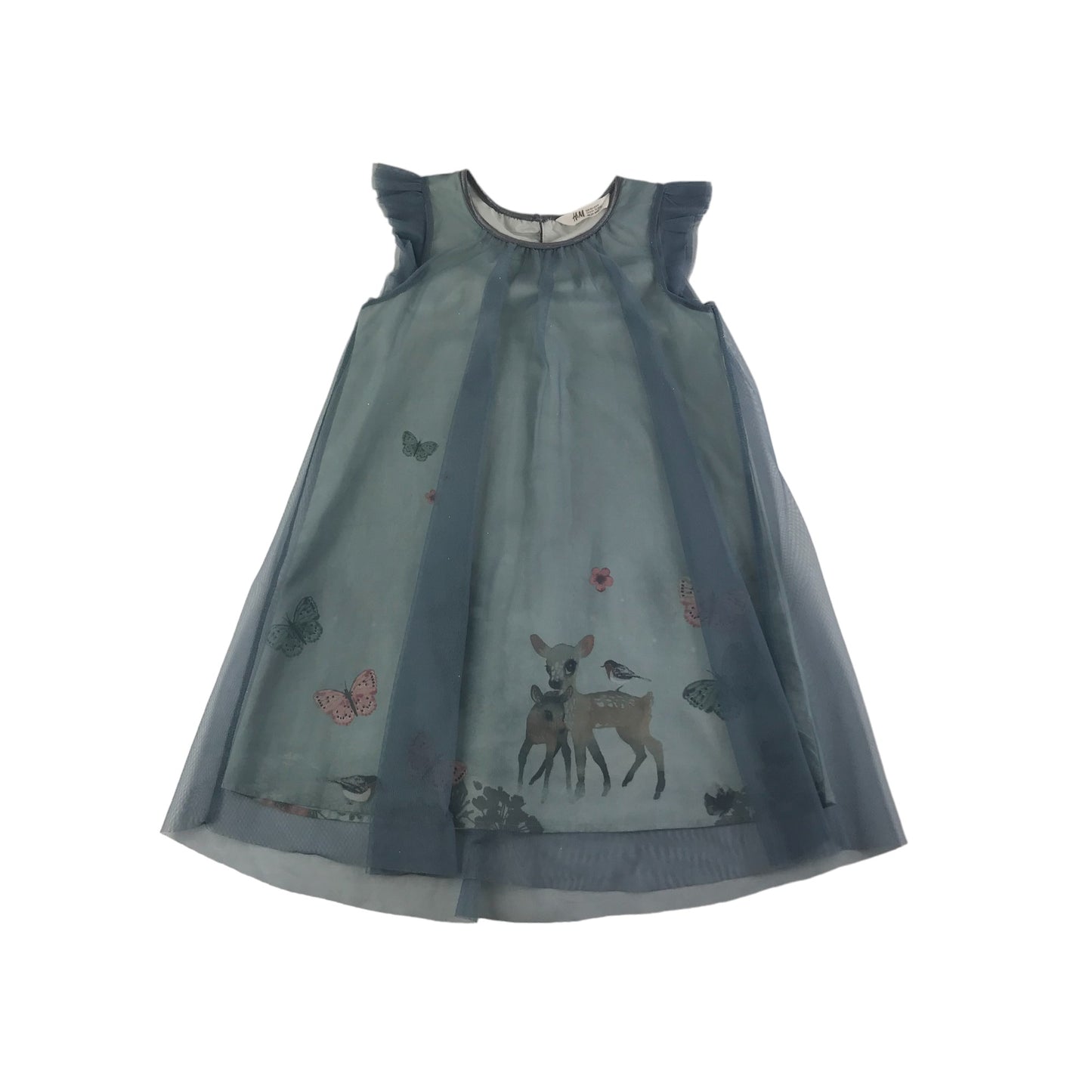 H&M Dress Age 8-9 Blue A-line Mesh Layered Forest Fauna