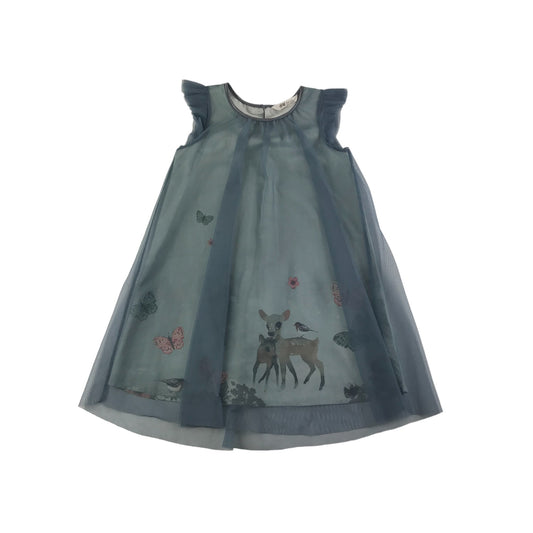 H&M Dress Age 8-9 Blue A-line Mesh Layered Forest Fauna