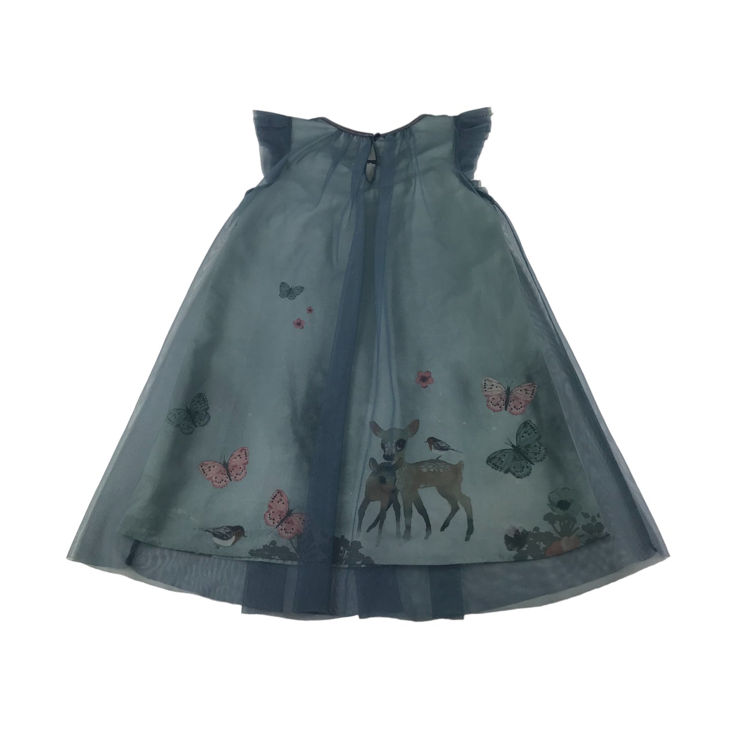 H&M Dress Age 8-9 Blue A-line Mesh Layered Forest Fauna