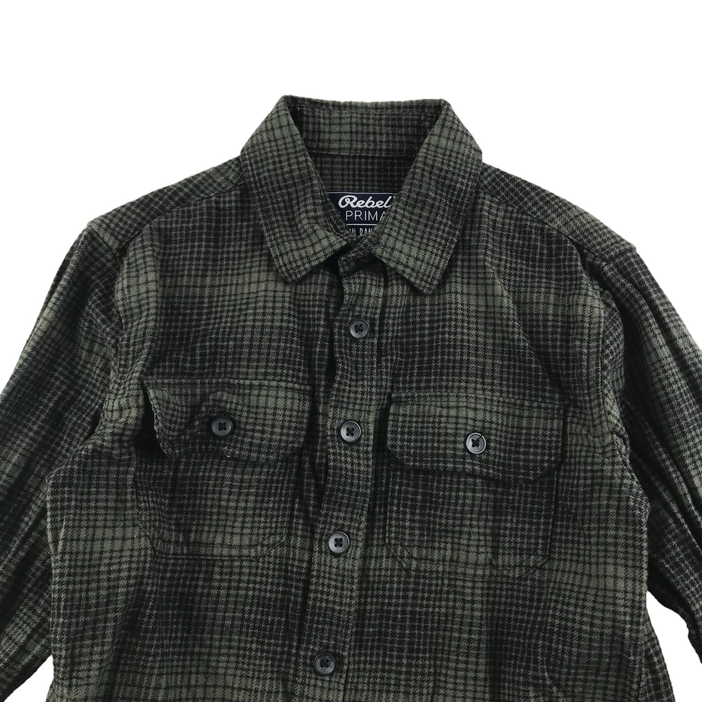 Primark Shirt Age 7 Khaki Green Check Pattern Button Up Cotton