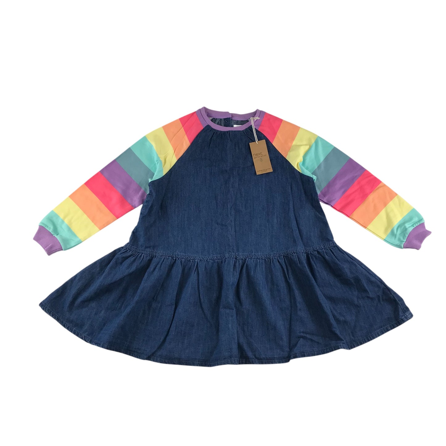 Next dress 7-8 years blue denim with rainbow sleeves