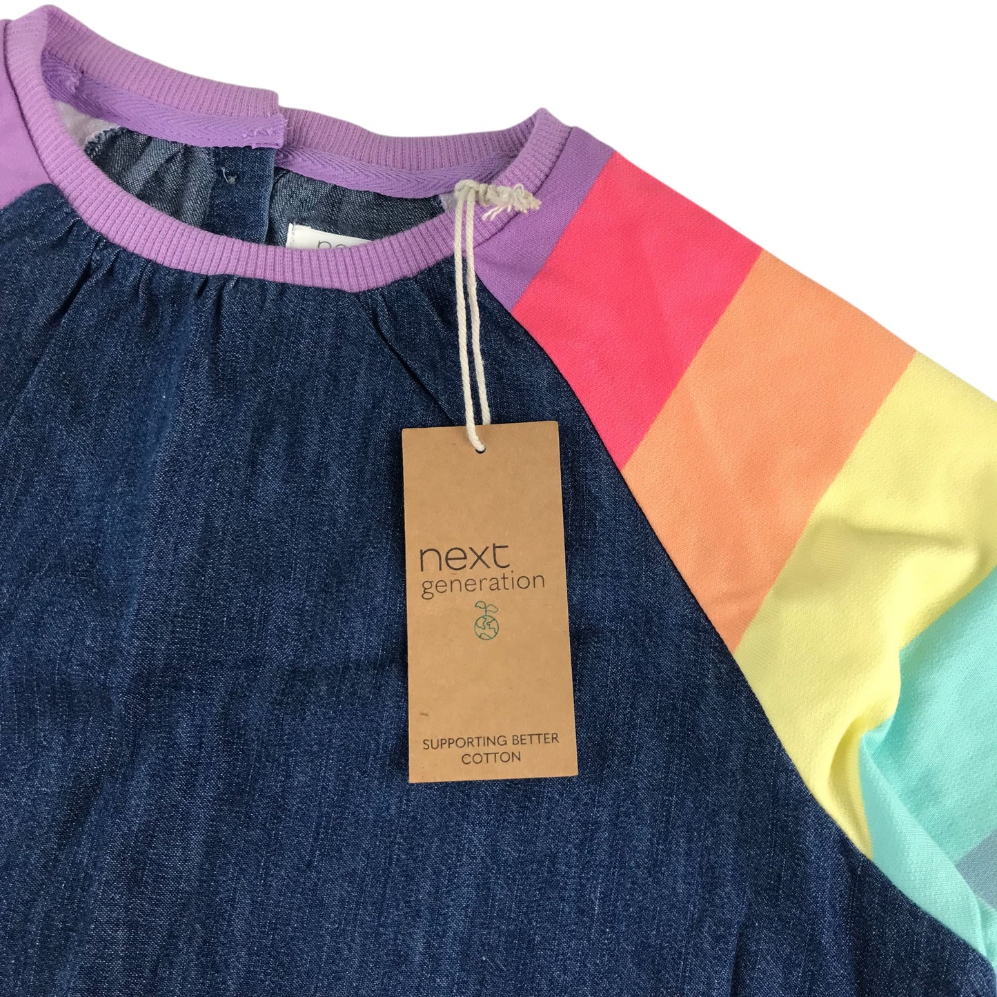 Next dress 7-8 years blue denim with rainbow sleeves