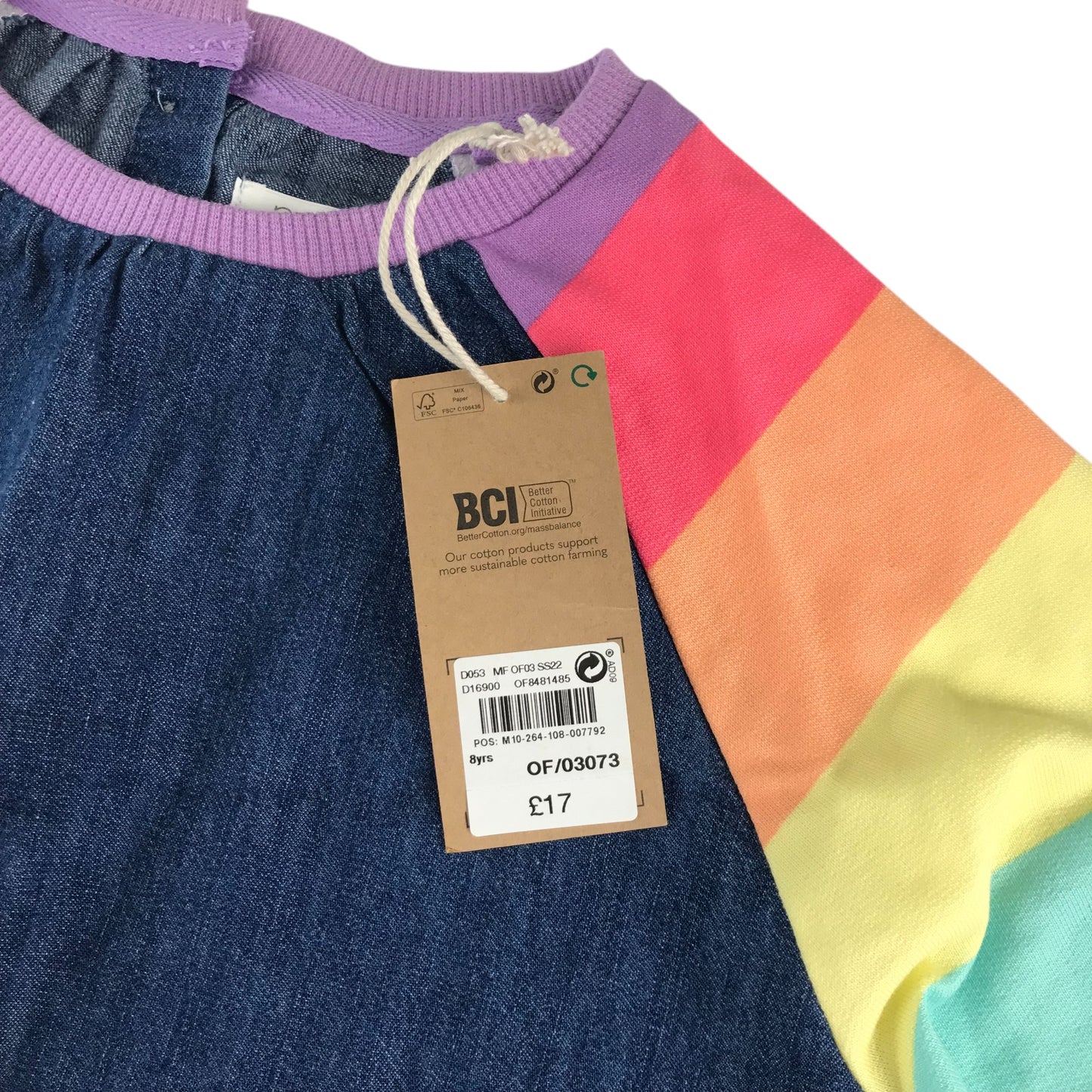 Next dress 7-8 years blue denim with rainbow sleeves