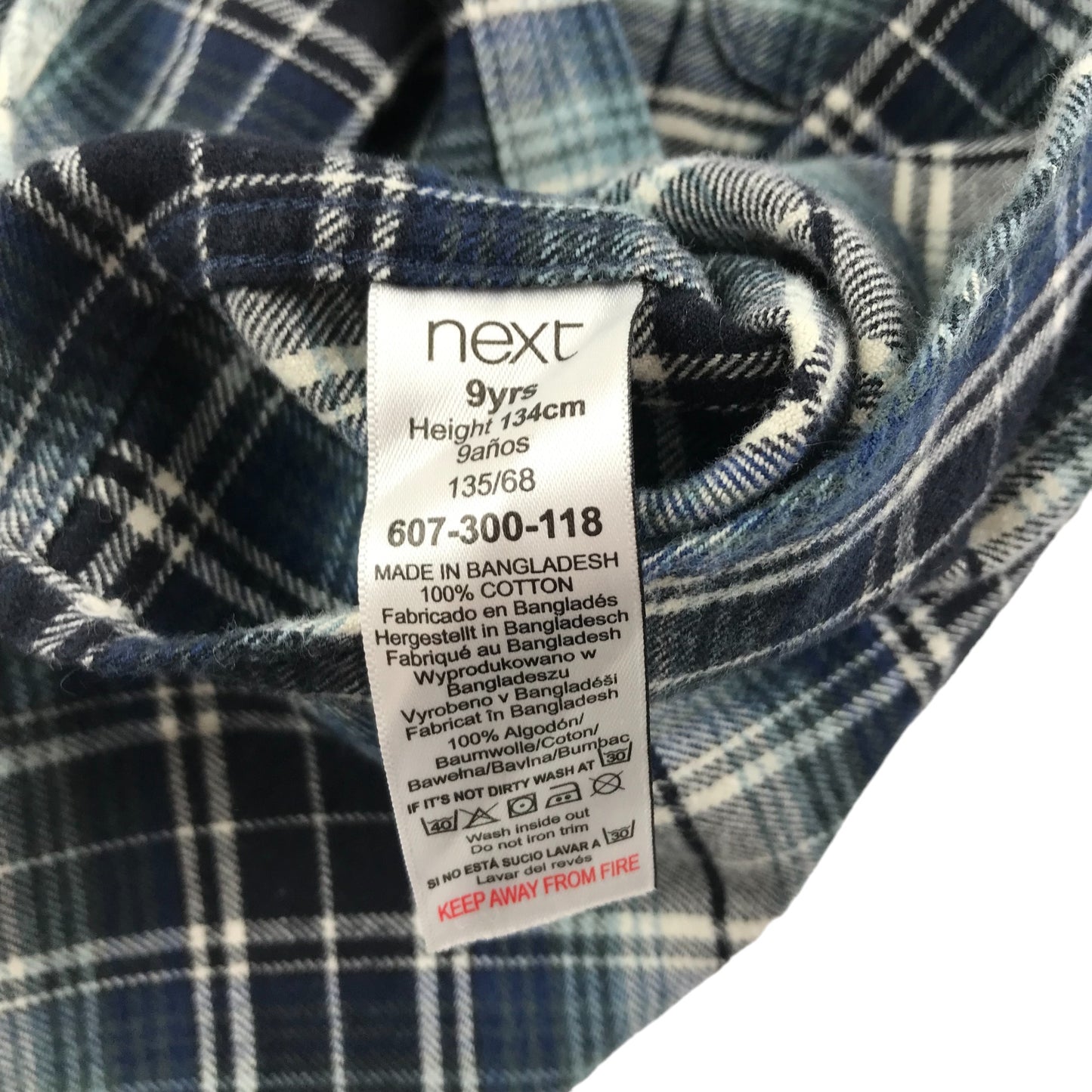 Next Shirt Age 9 Blue Check Pattern Long Sleeve Button Up Cotton