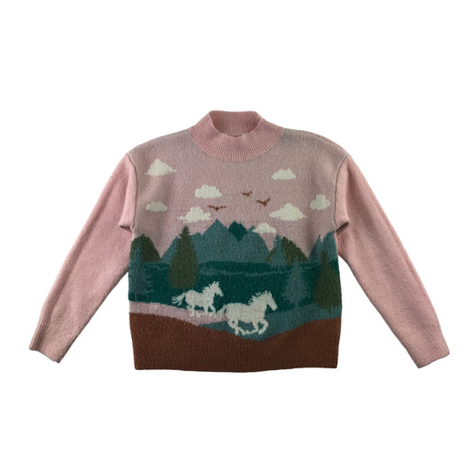 M&S jumper 9-10 years pink high collar horse scenery pattern