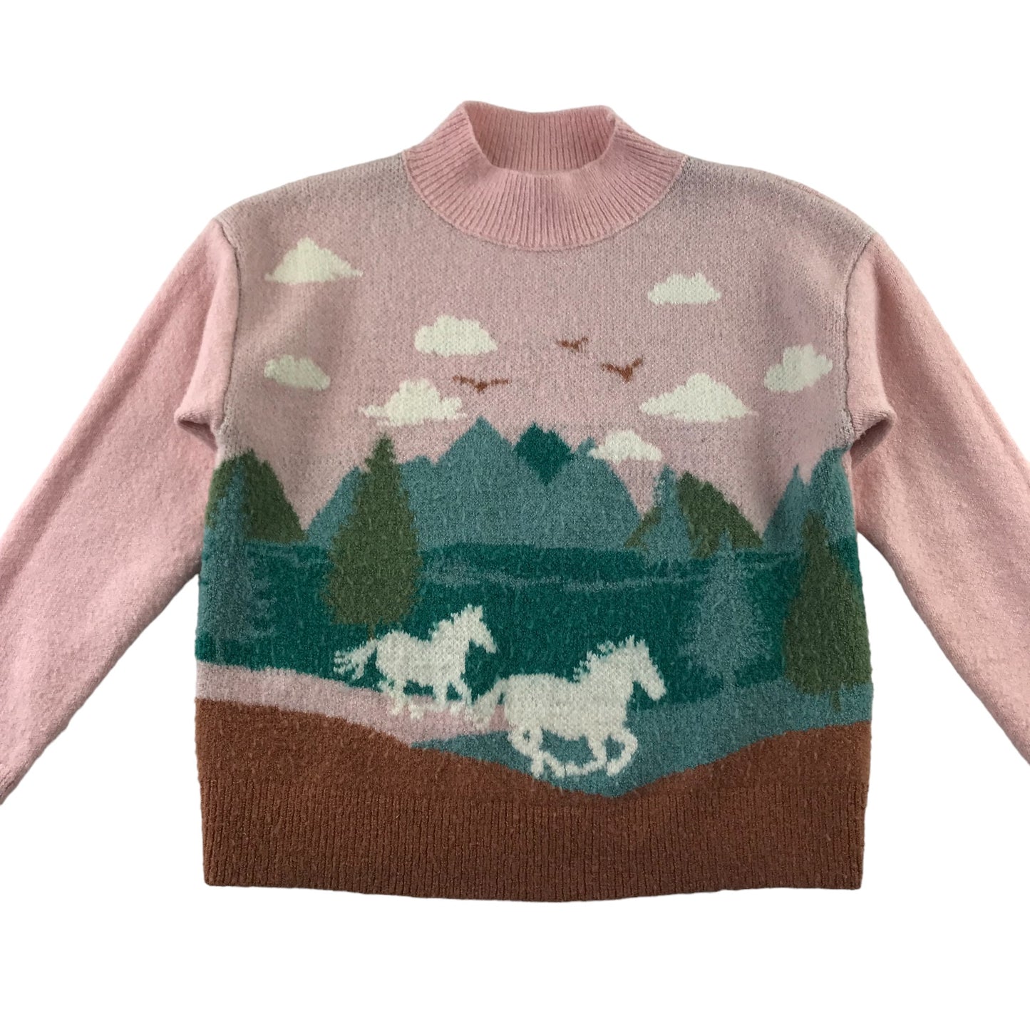 M&S jumper 9-10 years pink high collar horse scenery pattern