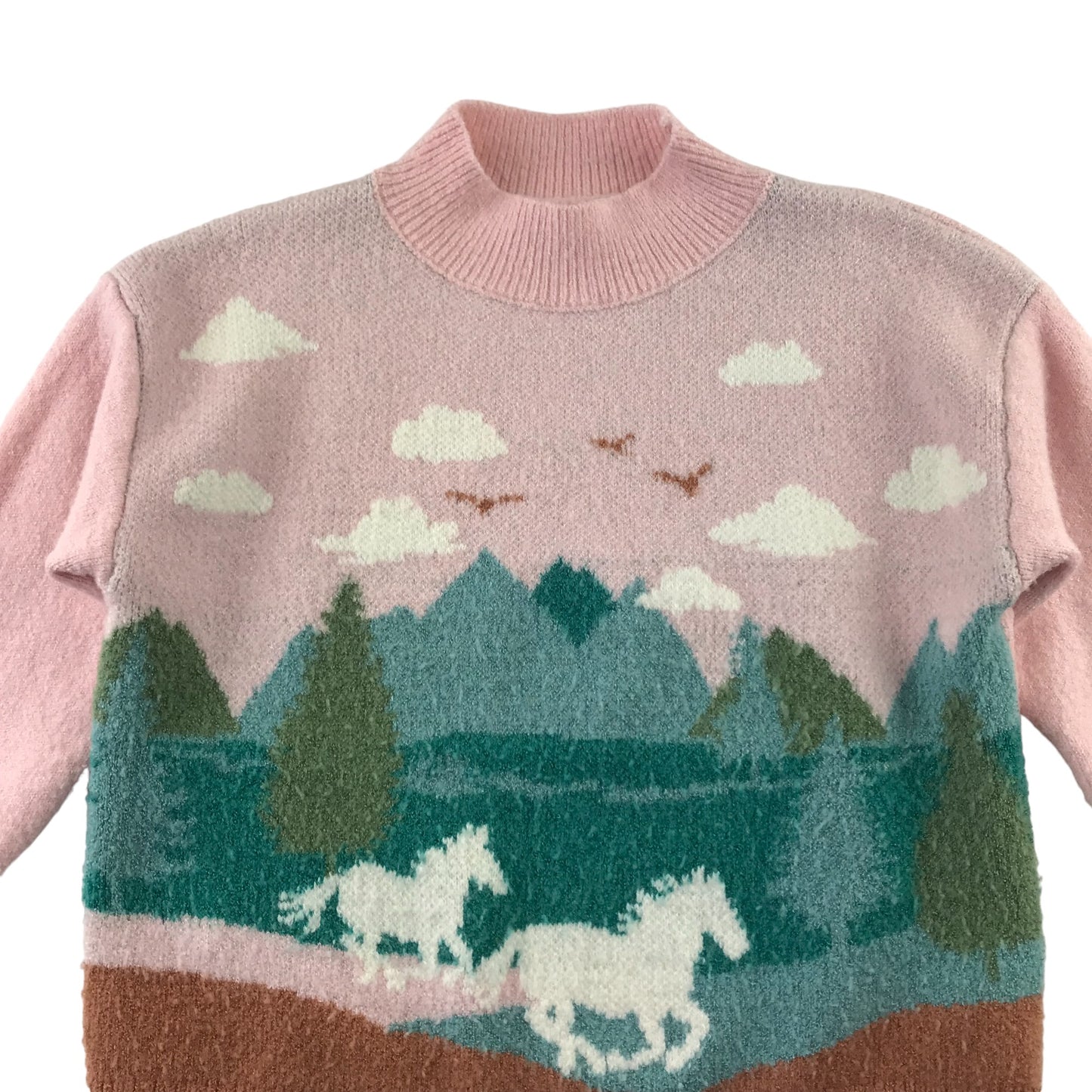 M&S jumper 9-10 years pink high collar horse scenery pattern