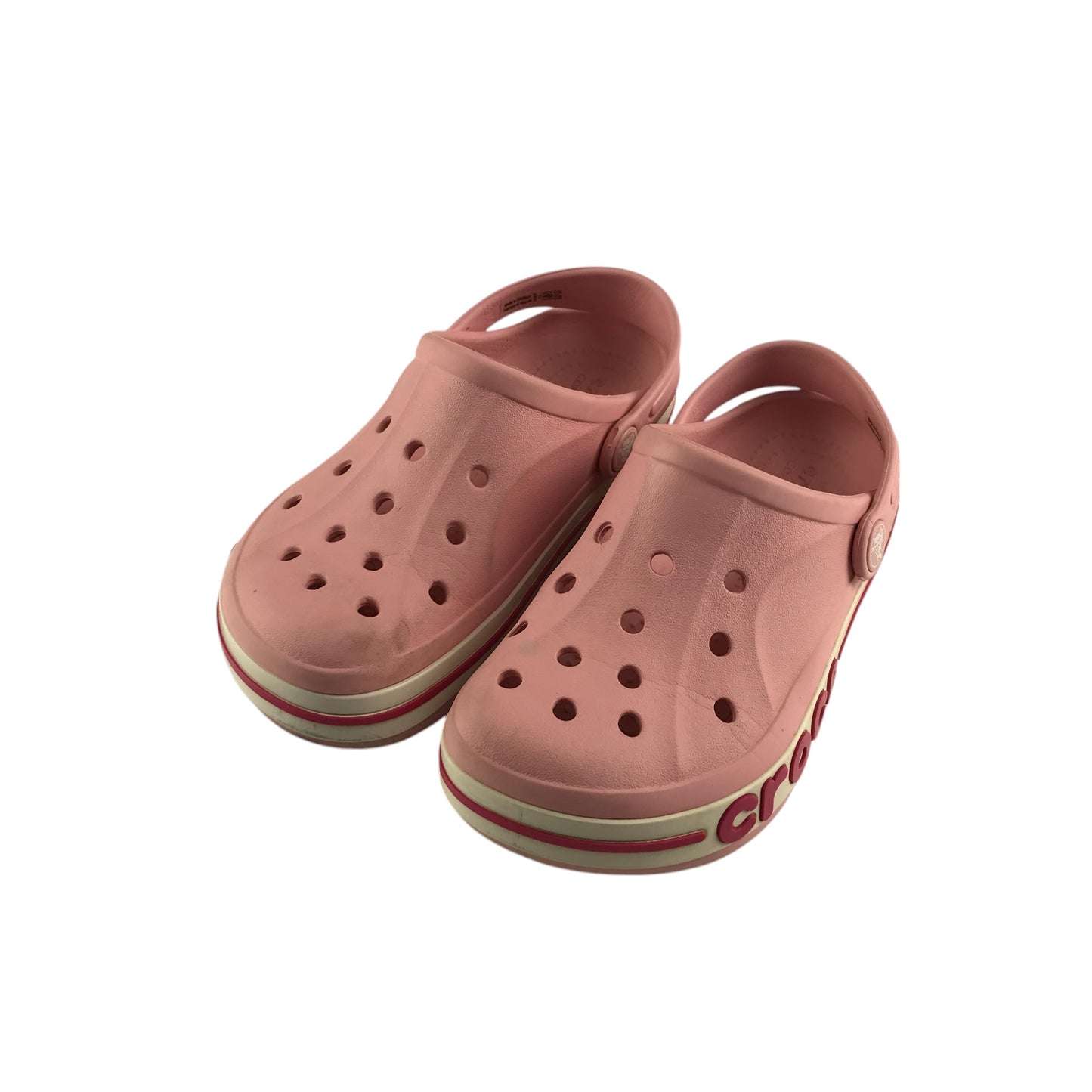 Crocs shoe size 13 junior pink with red stripe and text logo