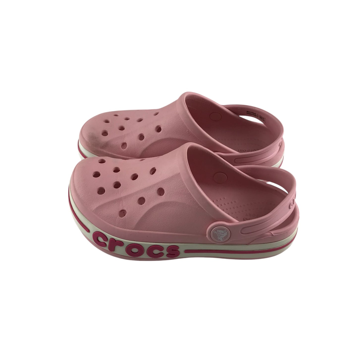 Crocs shoe size 13 junior pink with red stripe and text logo