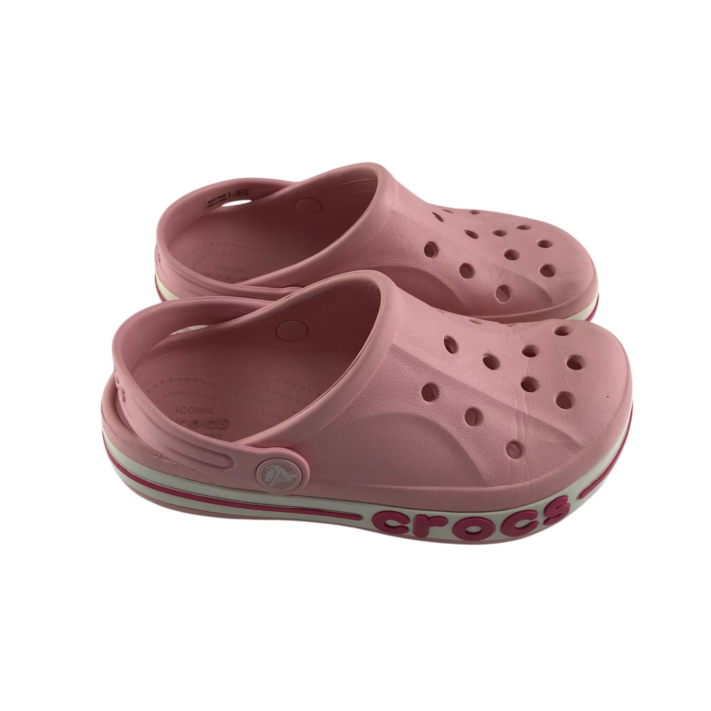 Crocs shoe size 13 junior pink with red stripe and text logo