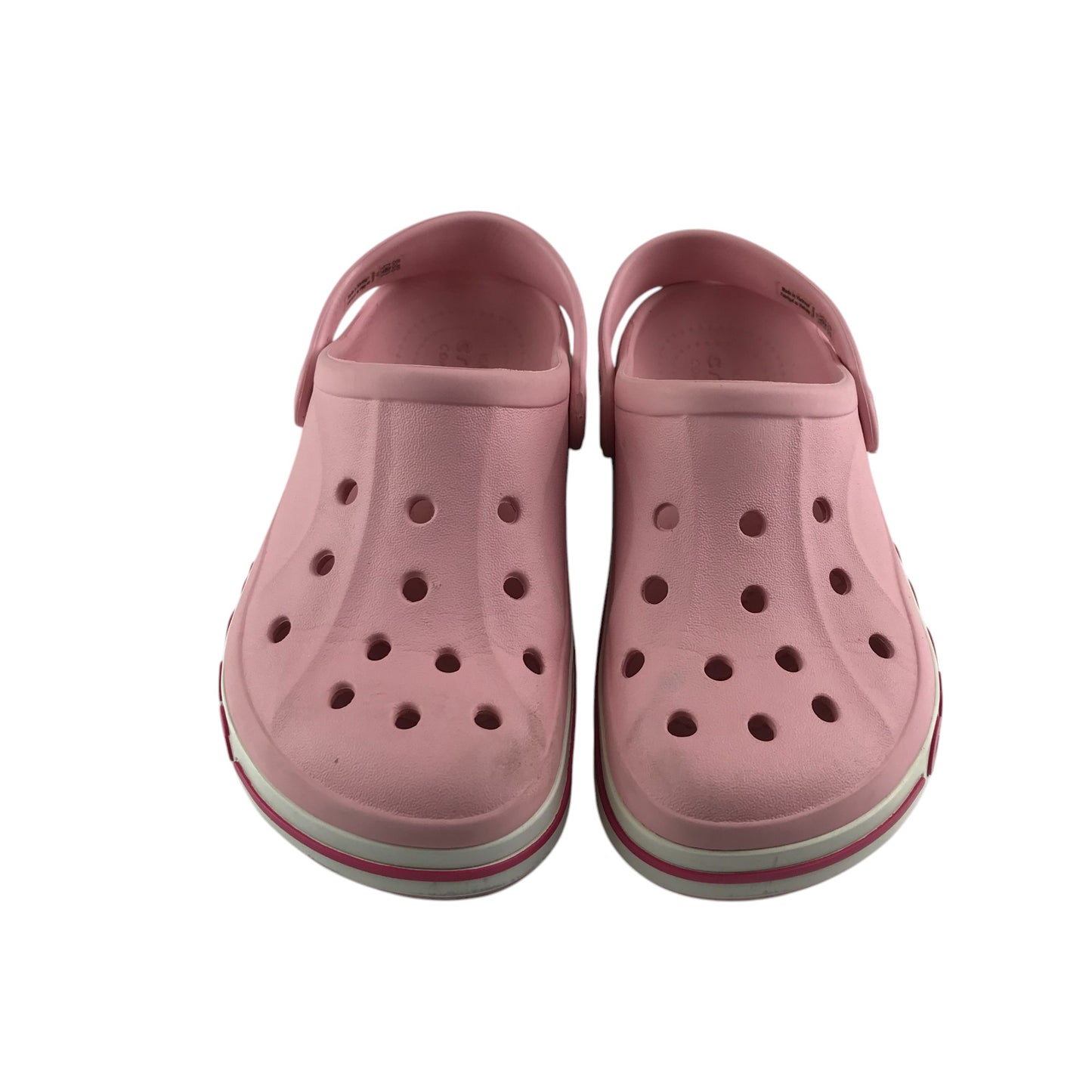 Crocs shoe size 13 junior pink with red stripe and text logo