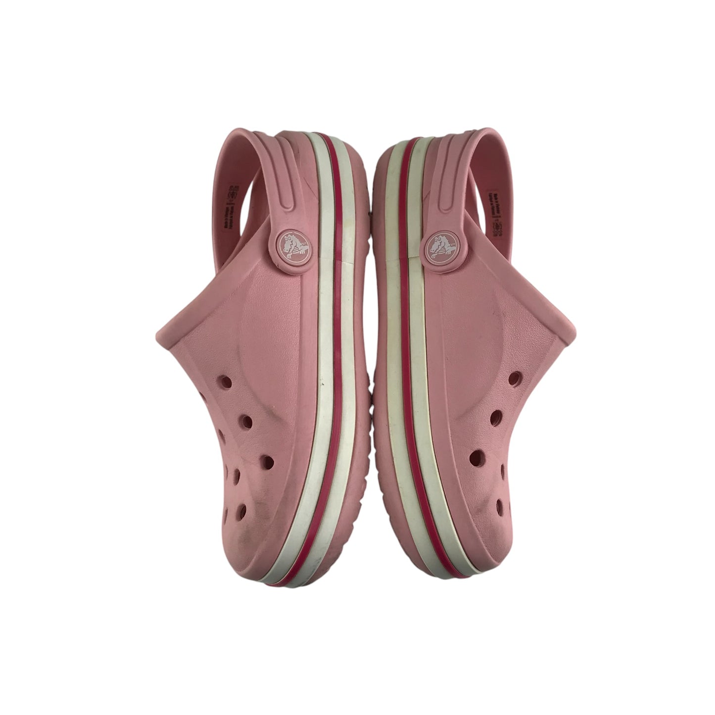 Crocs shoe size 13 junior pink with red stripe and text logo