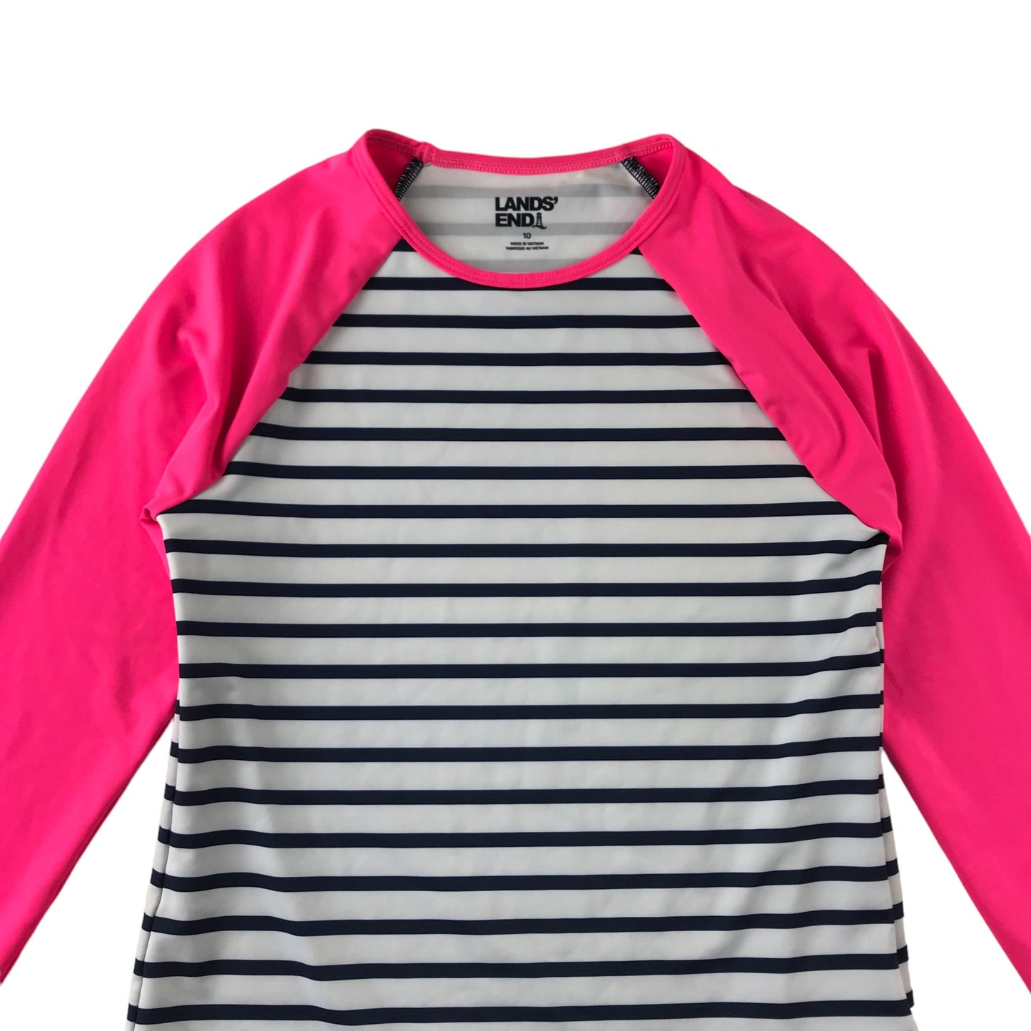 Lands End Swim Top Age 10 Pink Long Sleeve Navy and White Stripy