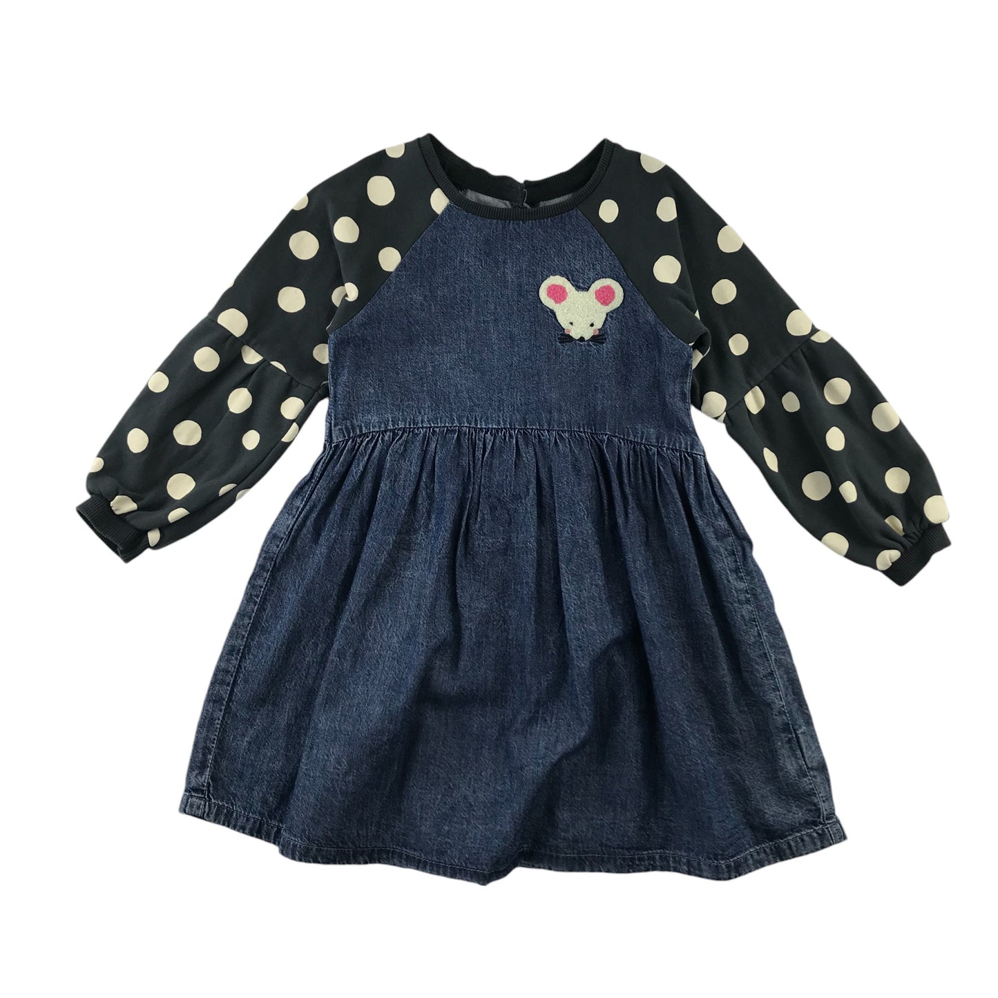 Next dress 5-6 years blue denim style long jersey sleeve dotted pattern cotton