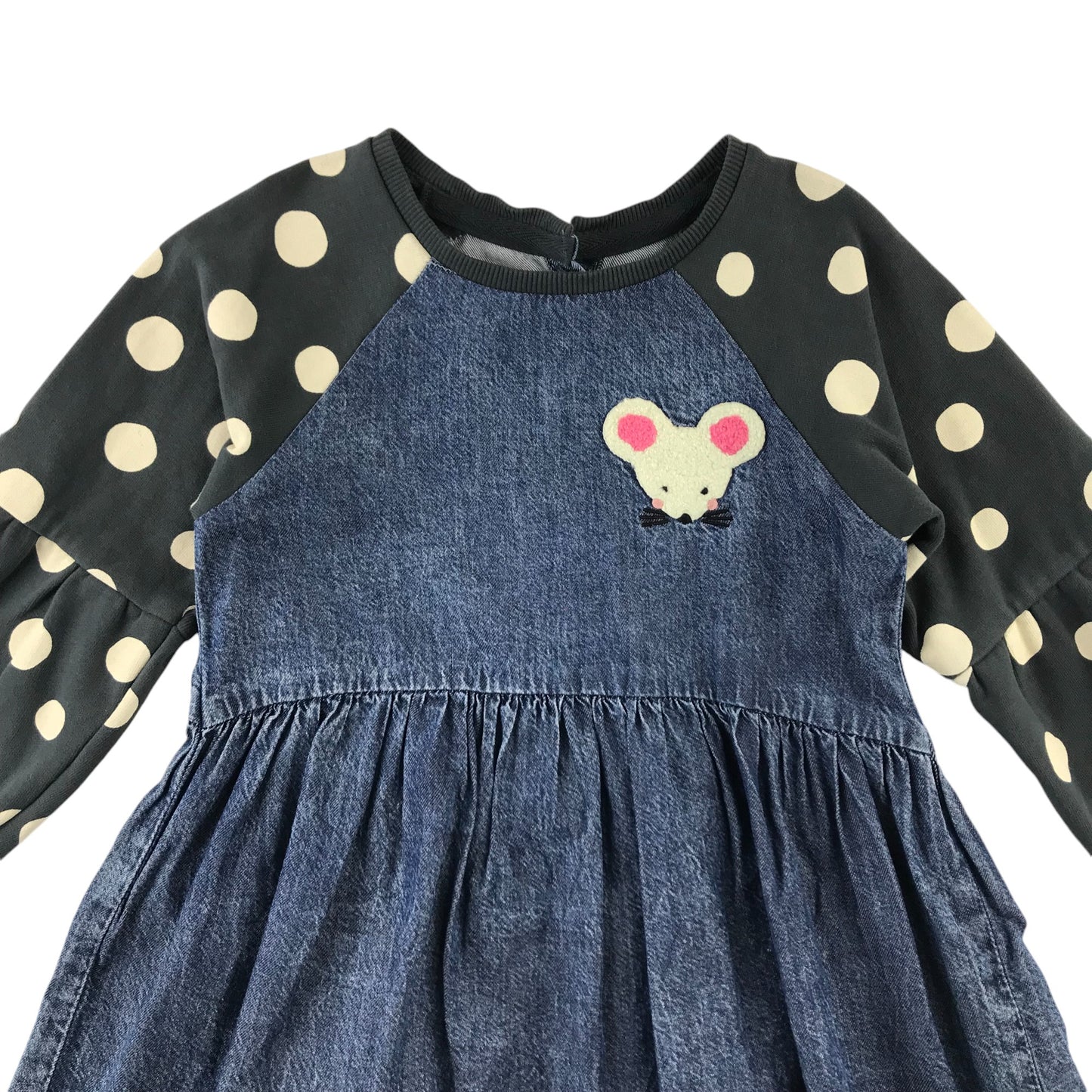 Next dress 5-6 years blue denim style long jersey sleeve dotted pattern cotton