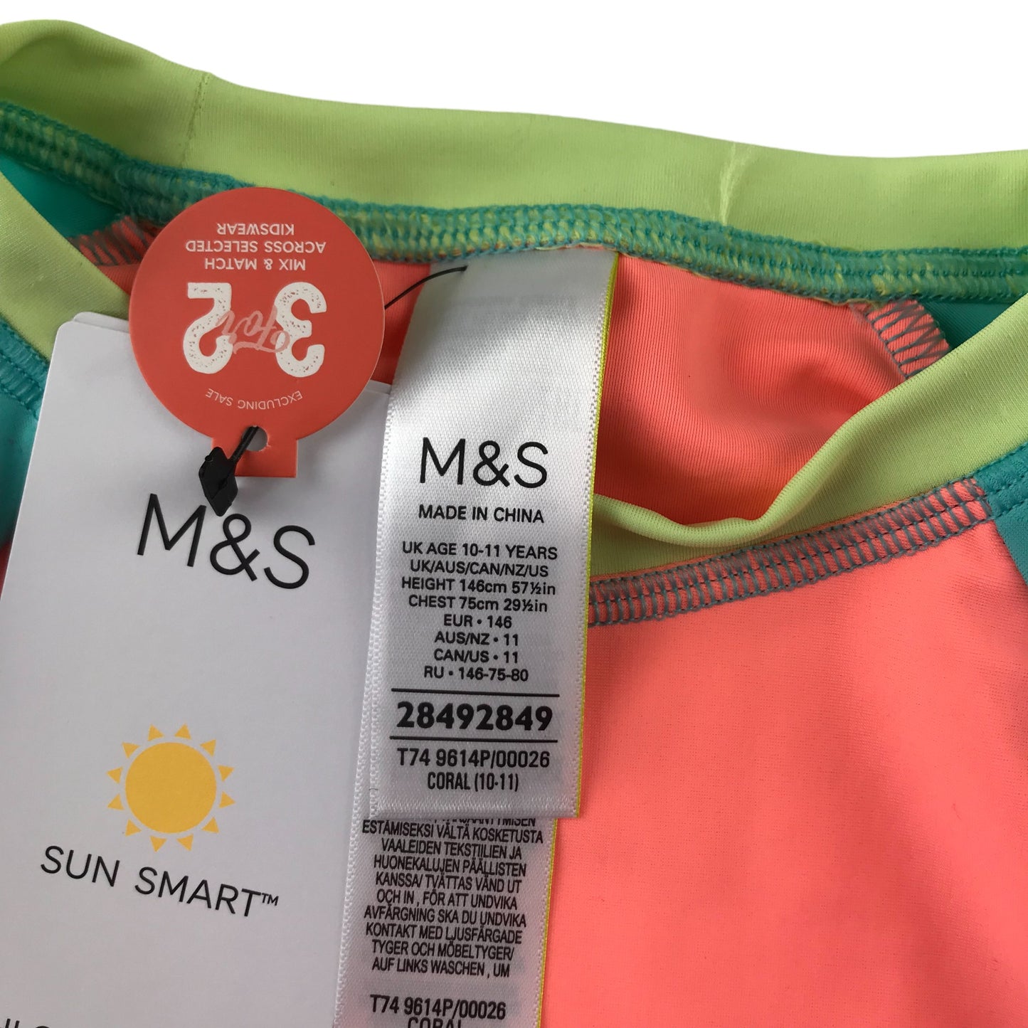 M&S Swim Top Age 10 Coral Pink and Blue Panelled Sunrise to Sunset Long Sleeve