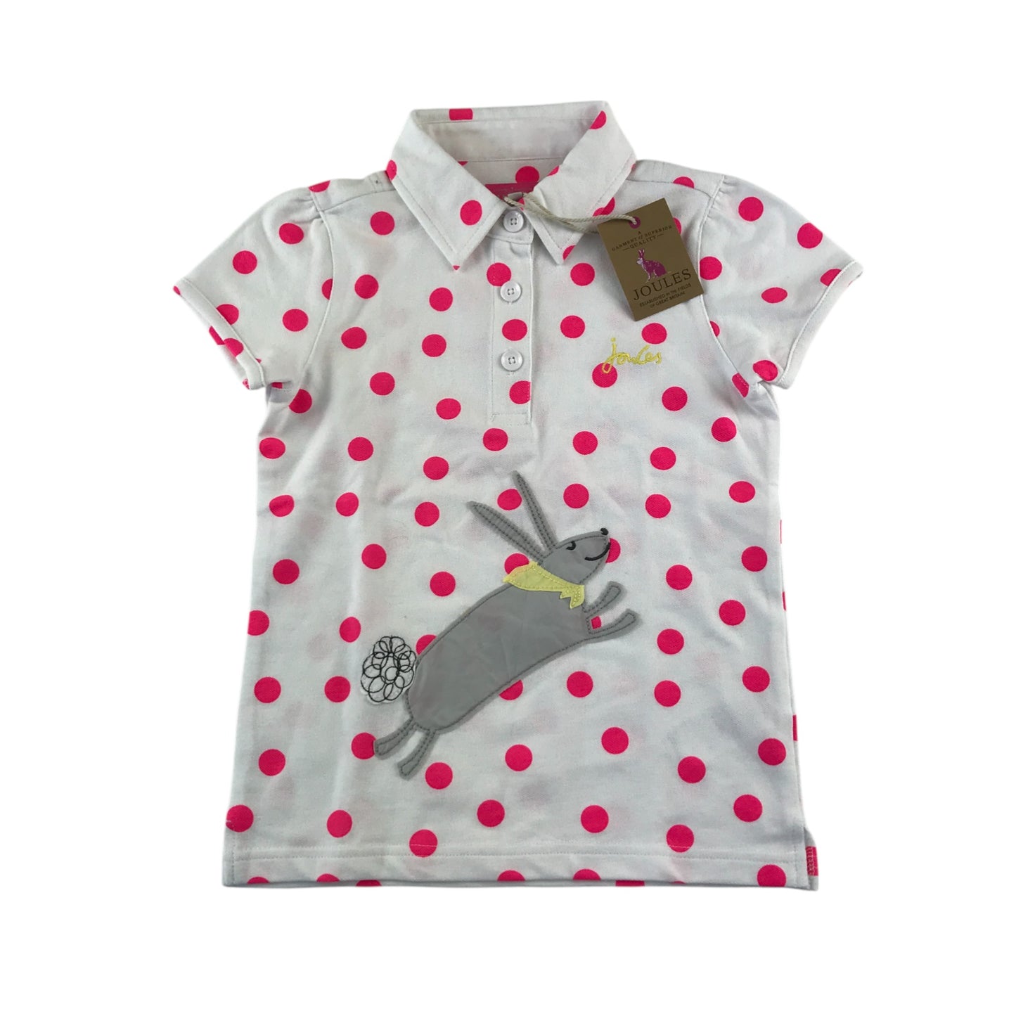Joules polo shirt 7-8 years white with pink polka dots and rabbit patch