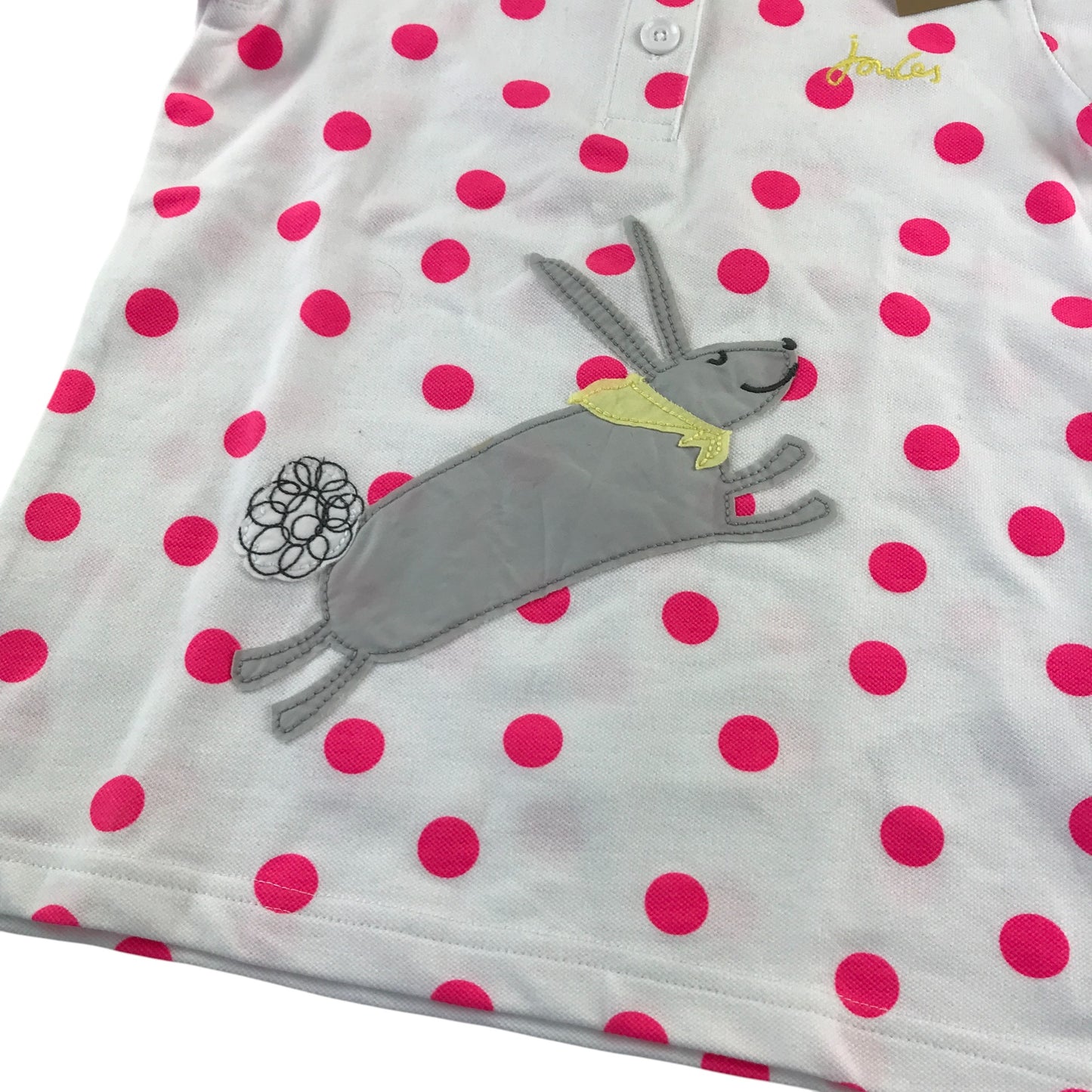 Joules polo shirt 7-8 years white with pink polka dots and rabbit patch