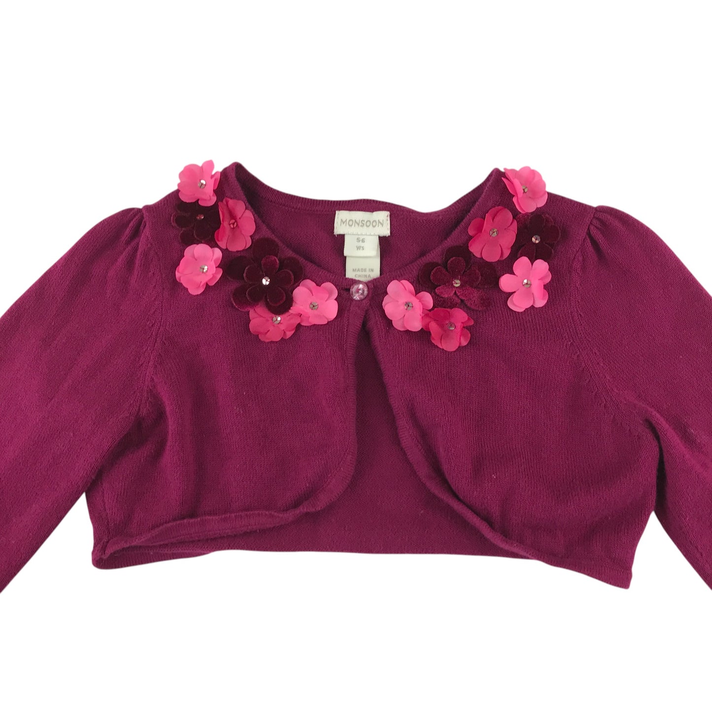 Monsoon cardigan 5-6 years dark fuchsia pink with floral detailing around neckline cropped
