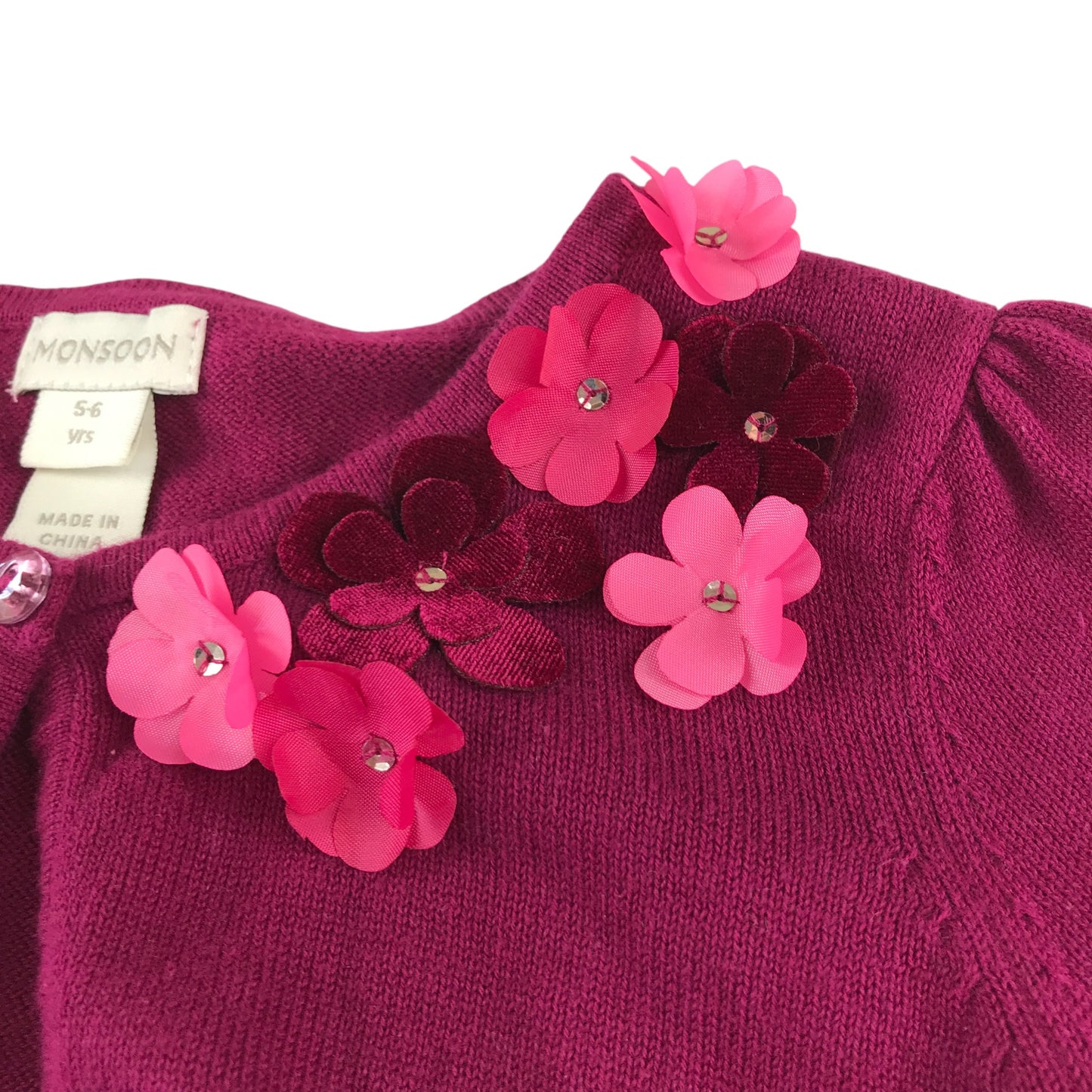 Monsoon cardigan 5-6 years dark fuchsia pink with floral detailing around neckline cropped