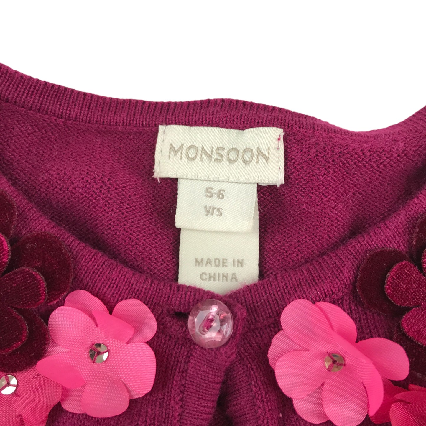 Monsoon cardigan 5-6 years dark fuchsia pink with floral detailing around neckline cropped