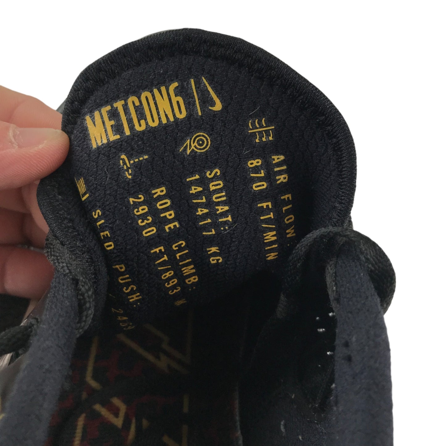 Nike Metcon 6 rs001rb trainers shoe size UK 10.5 black with red graphic design on heel