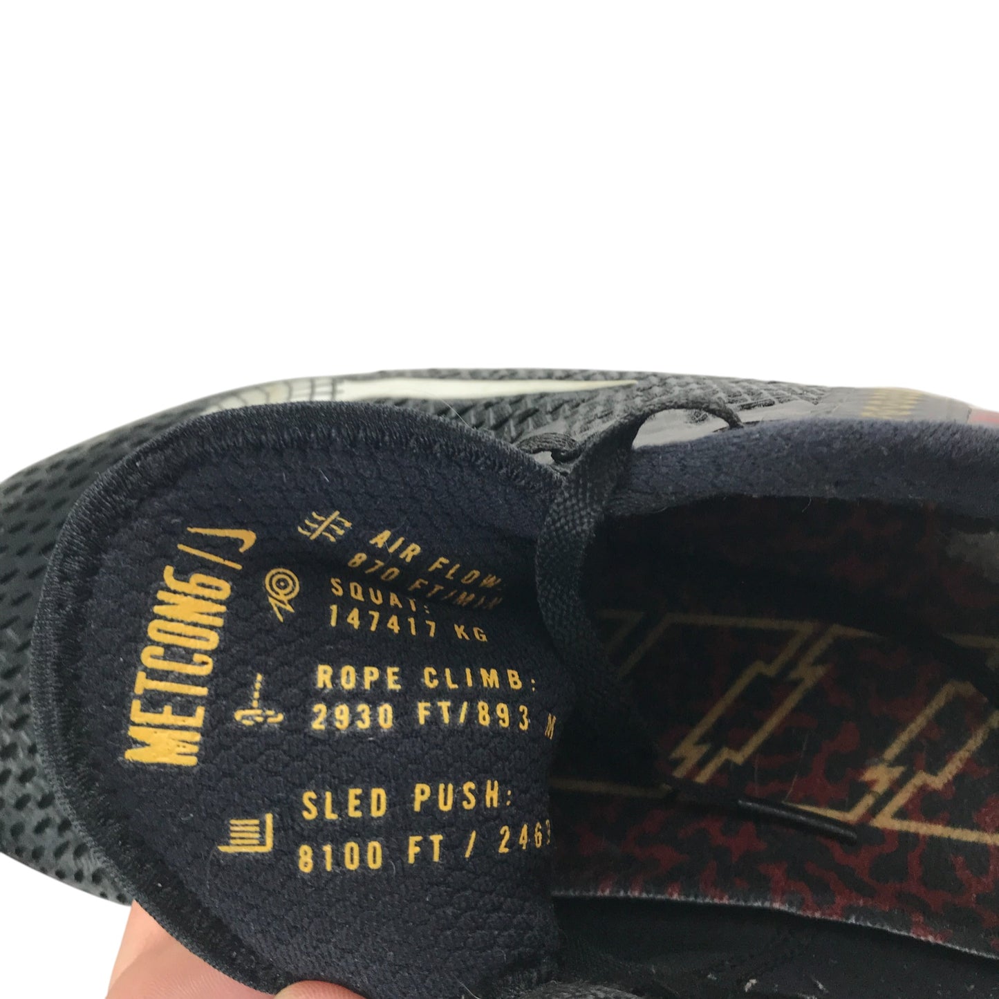Nike Metcon 6 rs001rb trainers shoe size UK 10.5 black with red graphic design on heel
