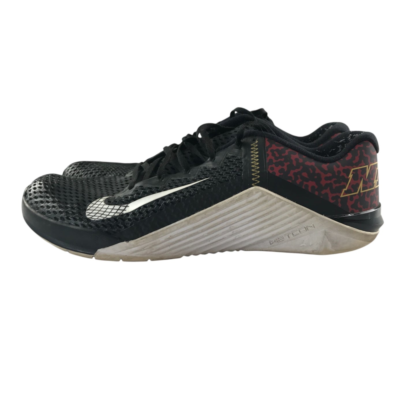 Nike Metcon 6 rs001rb trainers shoe size UK 10.5 black with red graphic design on heel