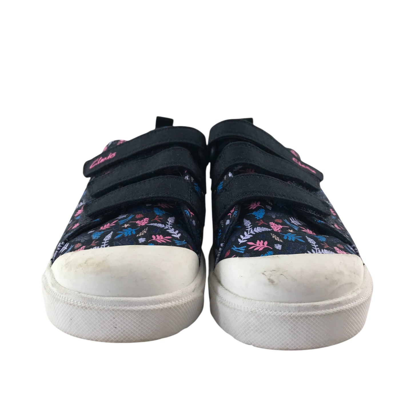 Clarks trainers shoe size 2F junior navy with floral print triple hoop and loop straps