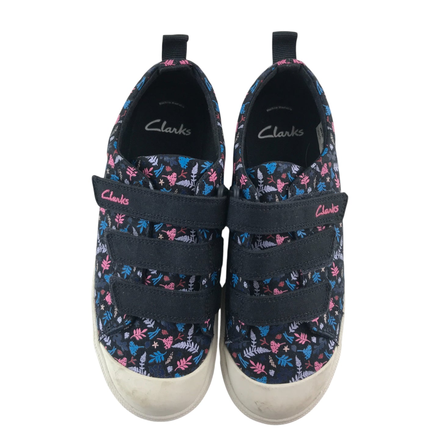 Clarks trainers shoe size 2F junior navy with floral print triple hoop and loop straps