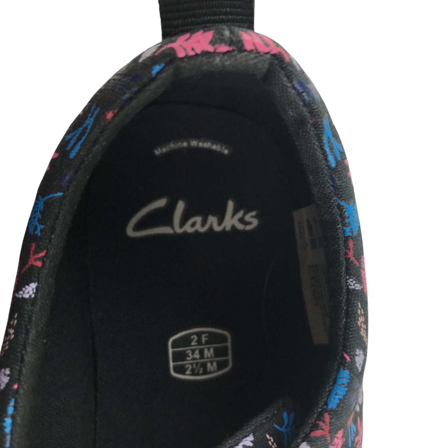 Clarks trainers shoe size 2F junior navy with floral print triple hoop and loop straps