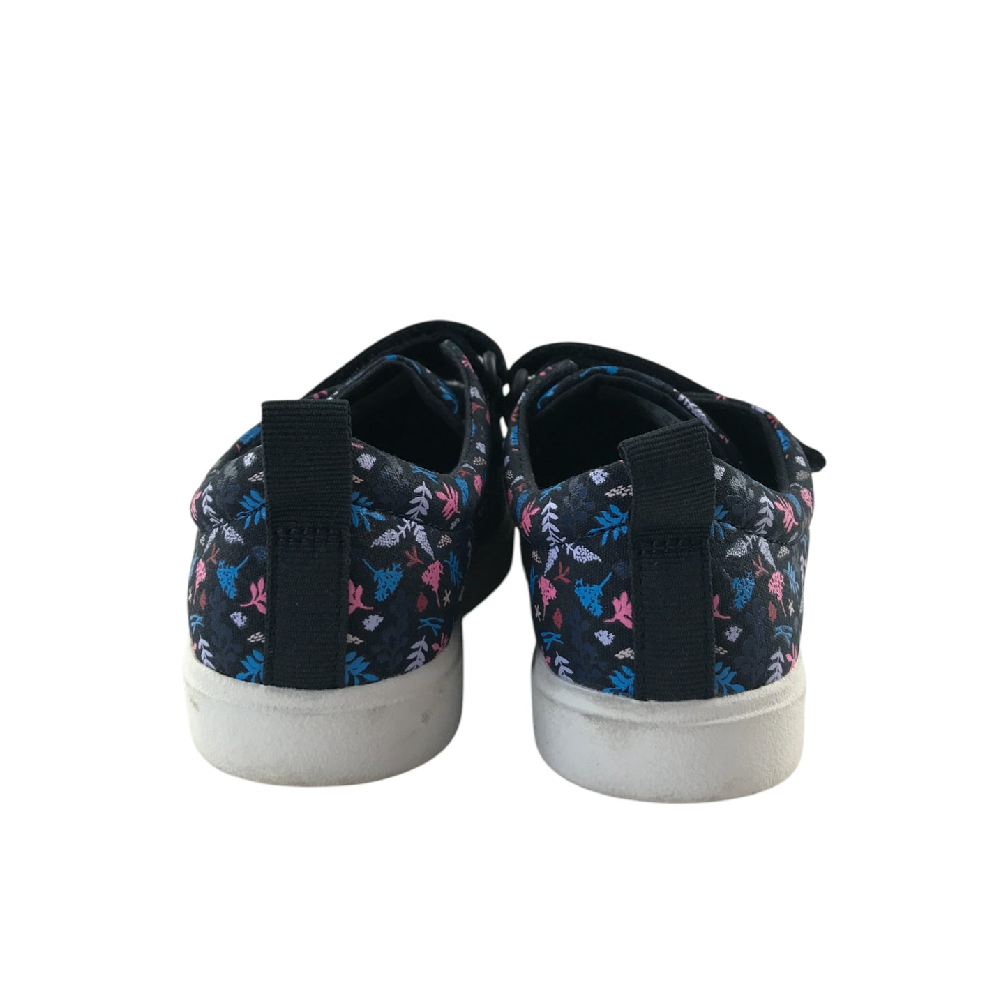 Clarks trainers shoe size 2F junior navy with floral print triple hoop and loop straps