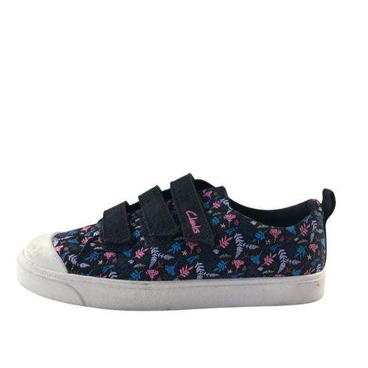 Clarks trainers shoe size 2F junior navy with floral print triple hoop and loop straps