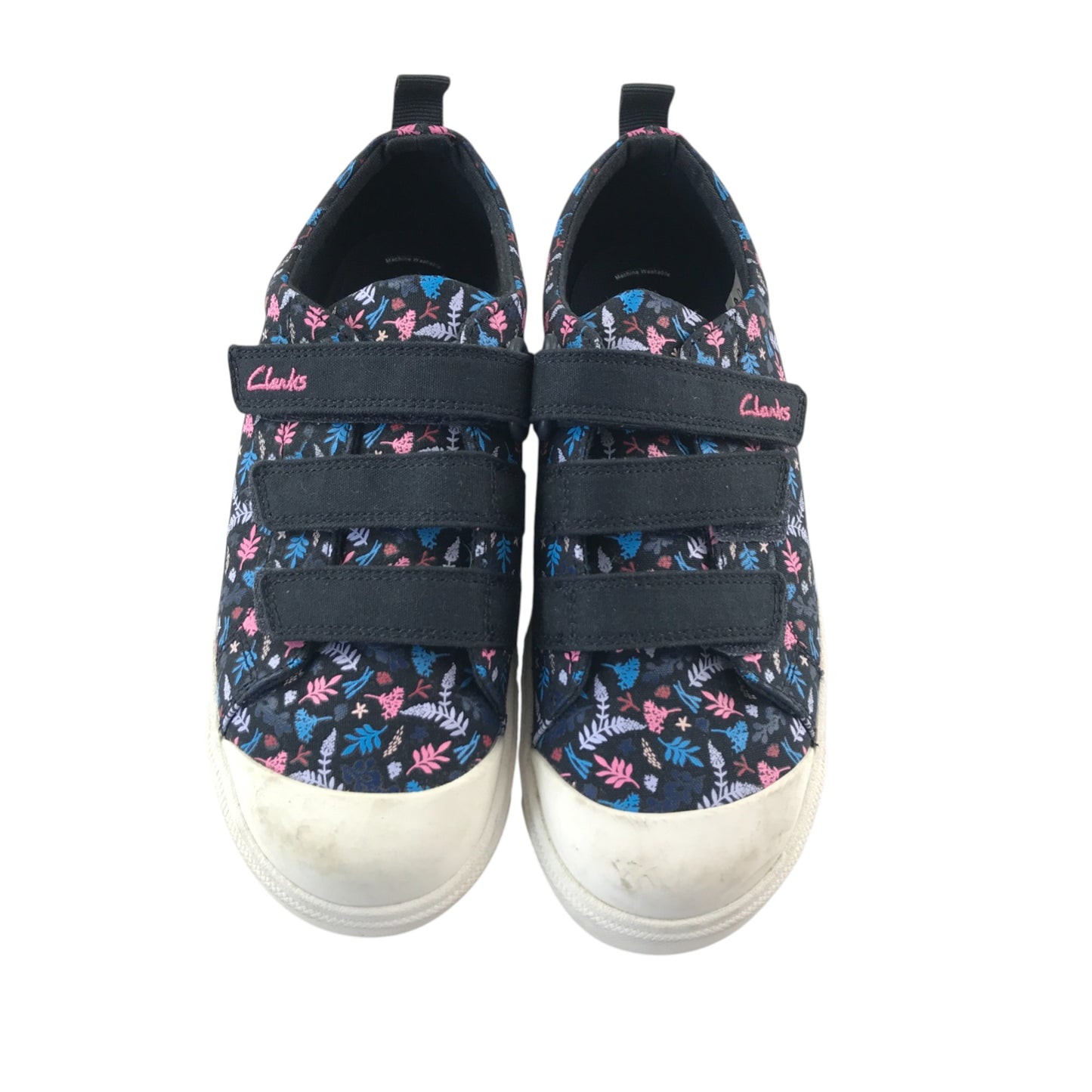 Clarks trainers shoe size 2F junior navy with floral print triple hoop and loop straps
