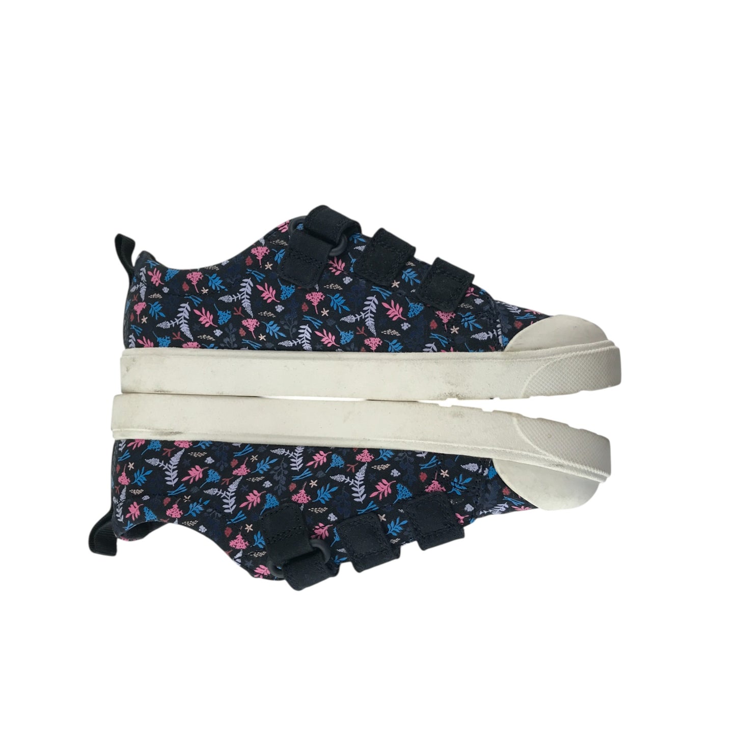 Clarks trainers shoe size 2F junior navy with floral print triple hoop and loop straps