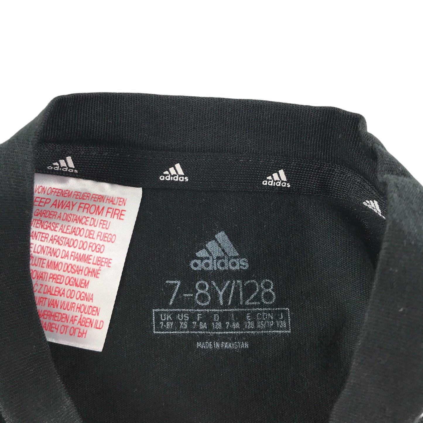 Adidas t-shirt 7-8 years black with white 3 strips on shoulders