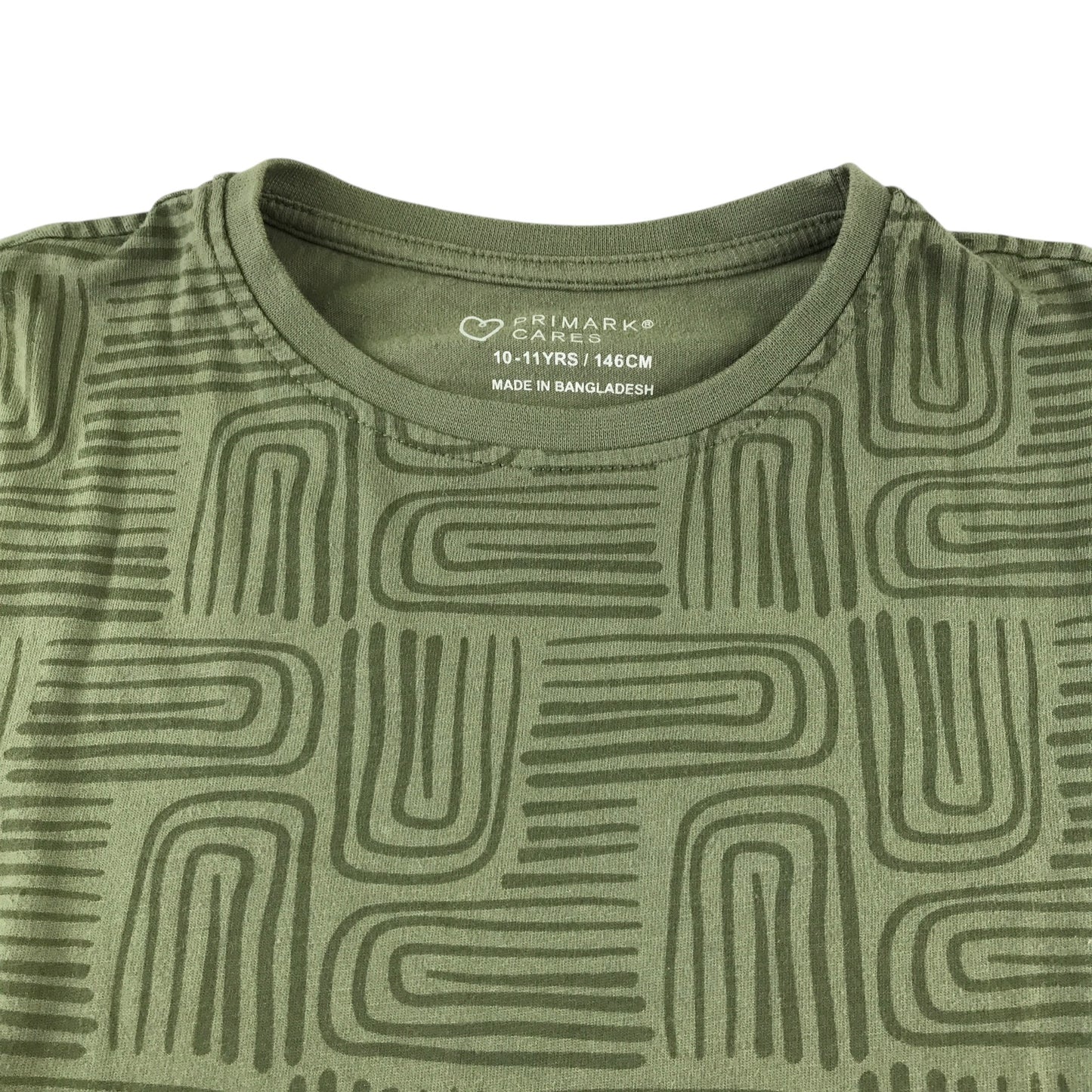 Primark t-shirt 10-11 years khaki with black maze pattern short sleeve cotton