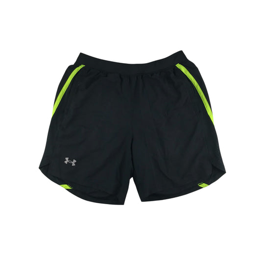 Under Armour sport shorts adult size L black fitted with neon stripes