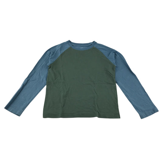 John Lewis t-shirt 8-9 years khaki body and blue long sleeve cotton