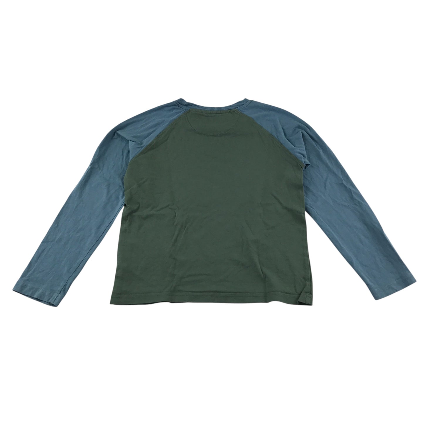 John Lewis t-shirt 8-9 years khaki body and blue long sleeve cotton