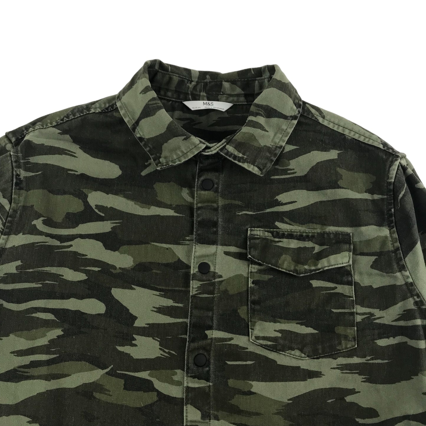 M&S Shirt Age 13 Khaki Green Camo Print Pattern Button Up