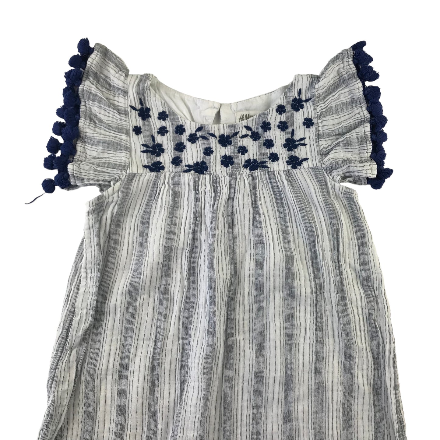 H&M dress 7-8 years white and navy floral embroidered empire cut butterfly sleeve cotton