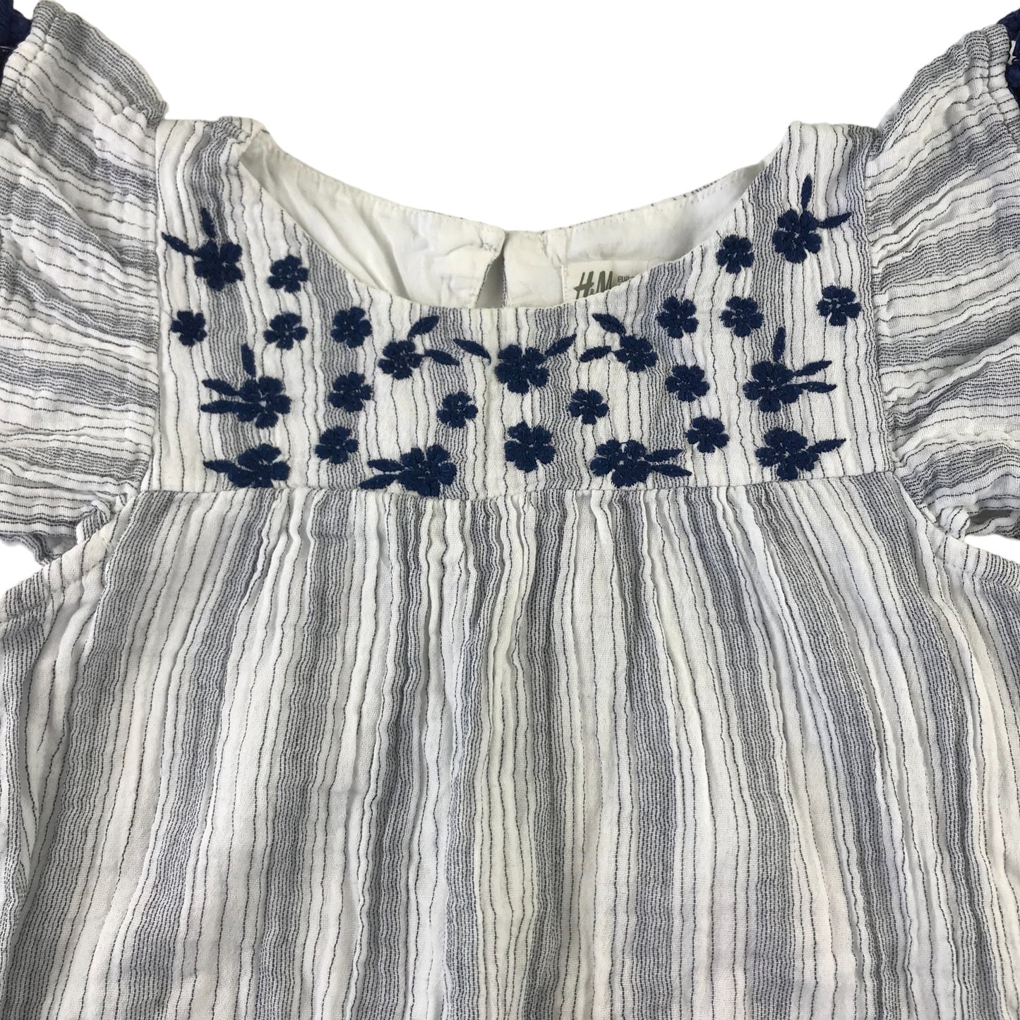 H&M dress 7-8 years white and navy floral embroidered empire cut butterfly sleeve cotton