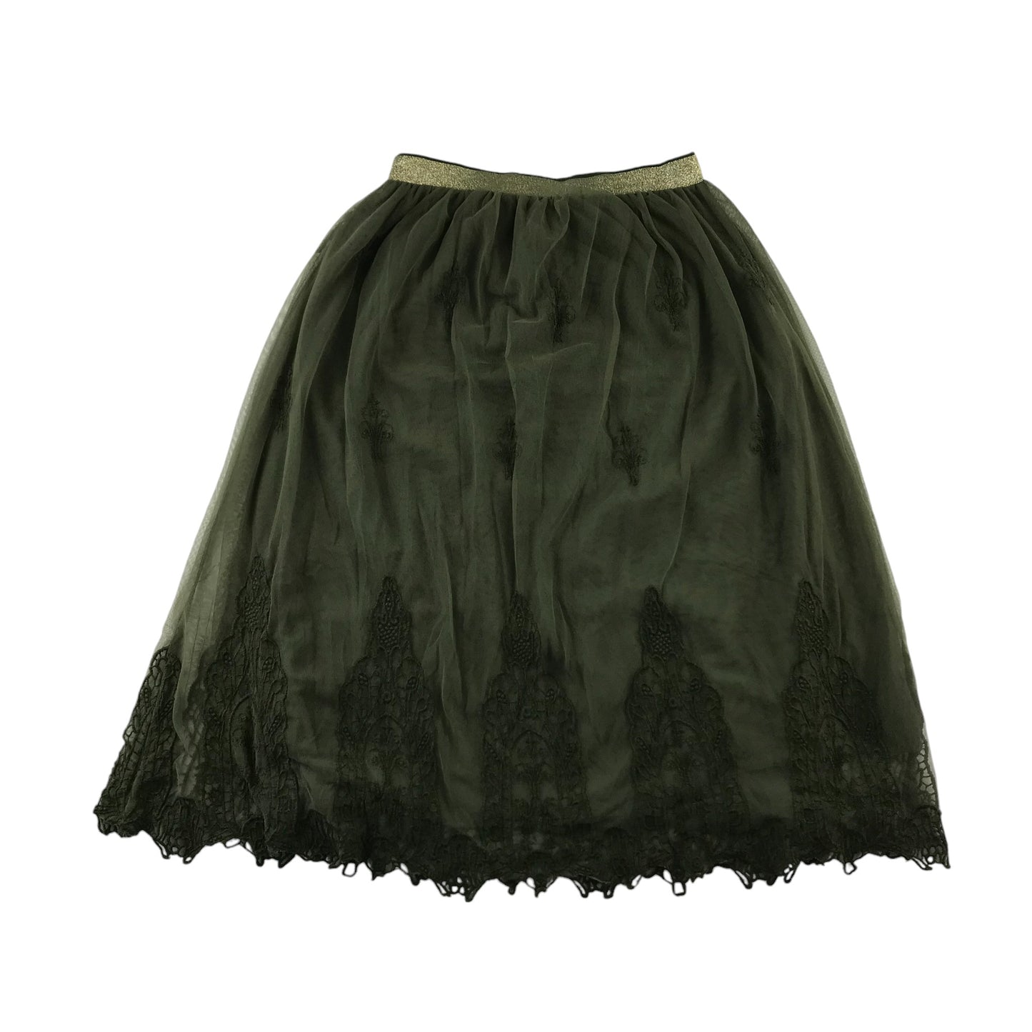 Johnnie B skirt 13-14 years khaki green midi length mesh layered