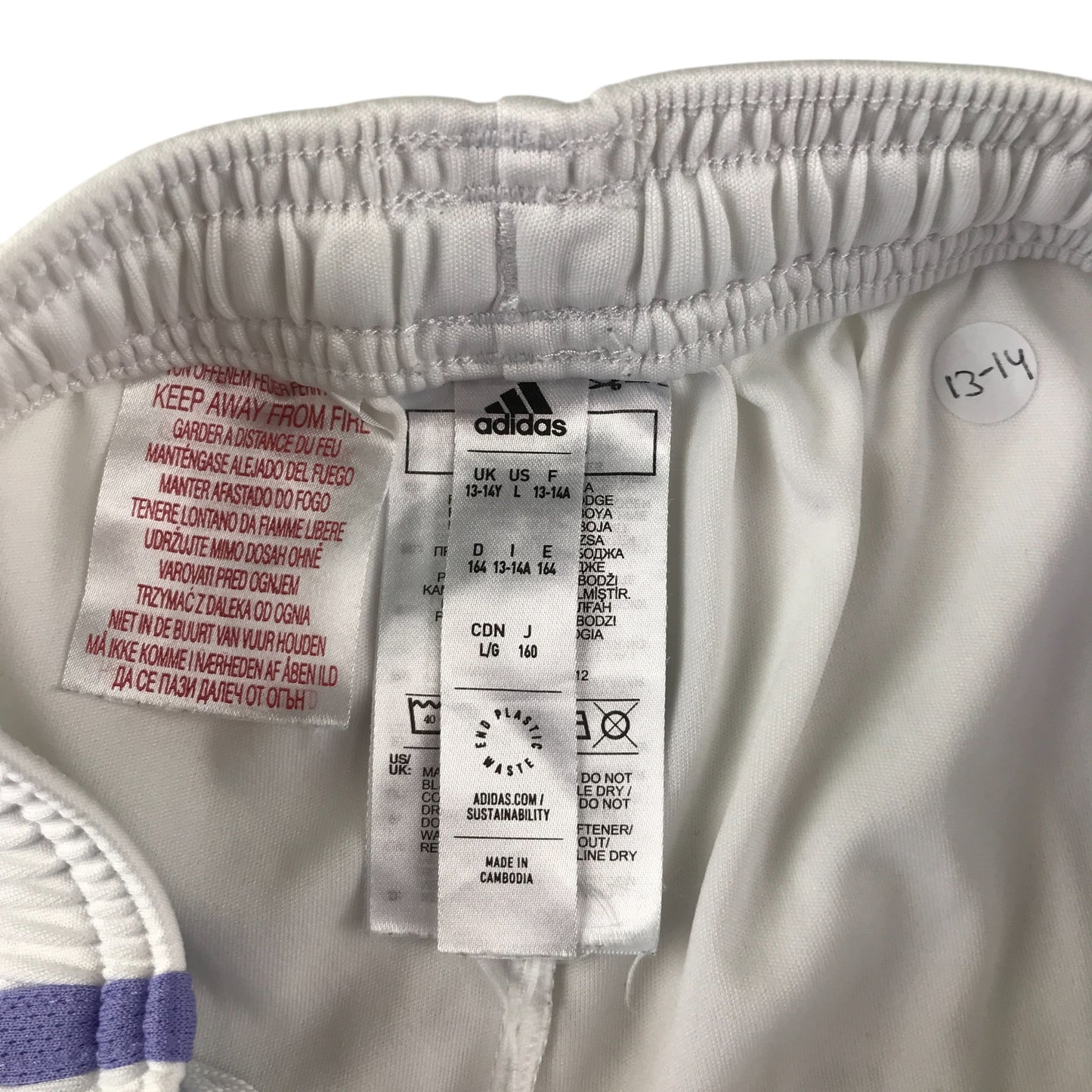 Adidas Real Madrid sport shorts 13-14 years white with 3 blue strips and logos