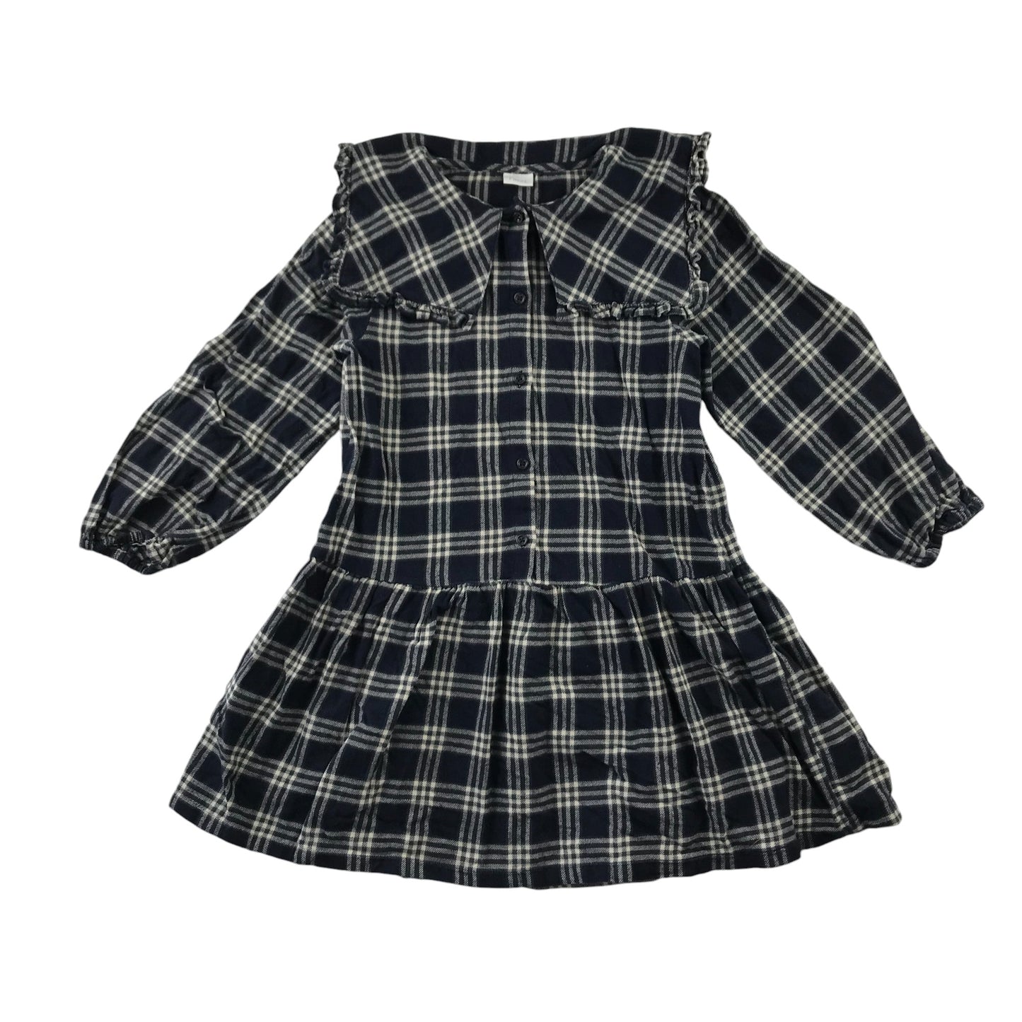 Next dress 5-6 years navy check pattern long sleeve drop waist contrast collar cotton