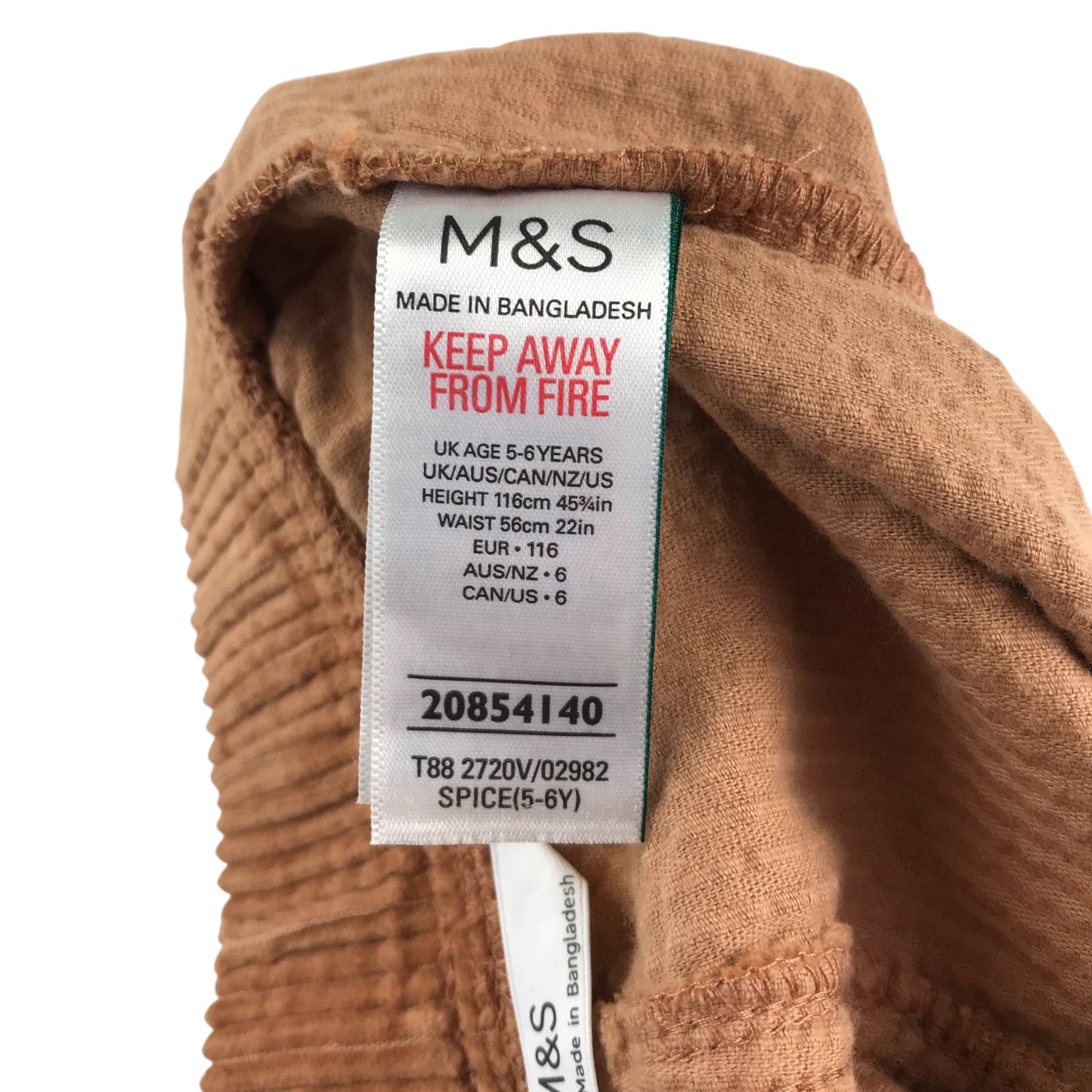 M&S trouser 5-6 year spice brown plain corduroy pull-on cotton