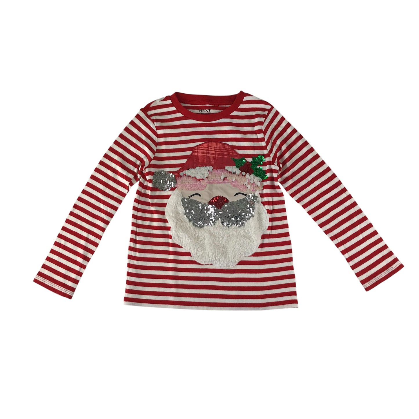 Next festive t-shirt 8-9 years red and white stripy long sleeve sequin Santa cotton
